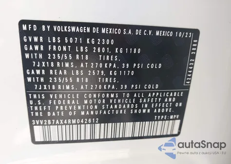 2024 Volkswagen Tiguan 2.0T Se/2.0T Wolfsburg Edition из США, поврежденный, VIN 3VV2B7AX4RM042612